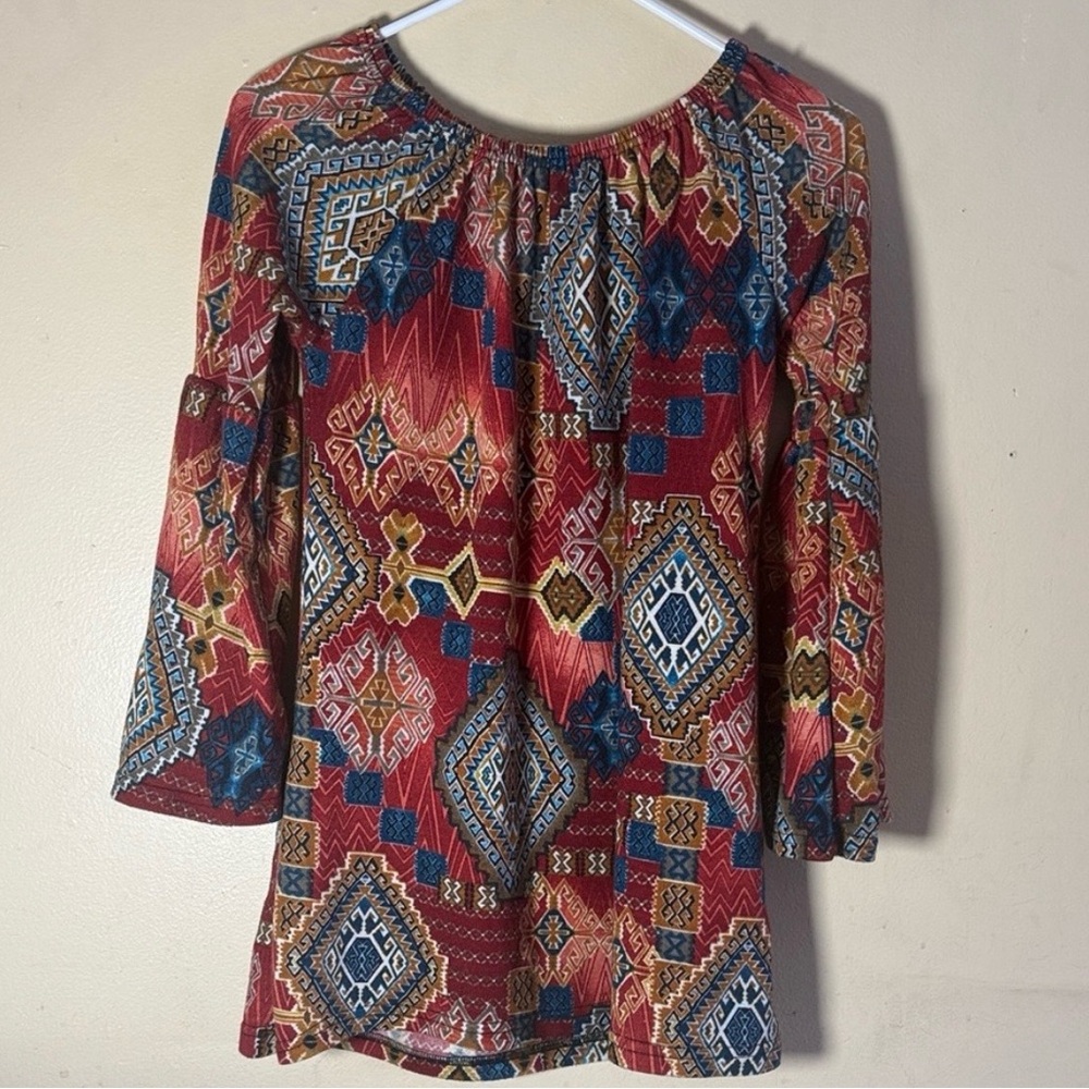 Boho Geometric Bell Sleeve Tunic Top - Red Blue Tribal Print Blouse Size S/M
